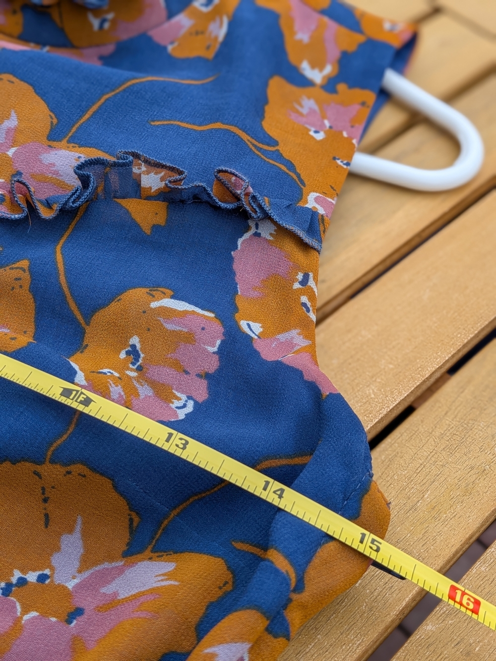 Modcloth Blue Floral Ruffle Neck Midi Dress with Orange & Pink Accent Flowers. - Picture 7 of 7
